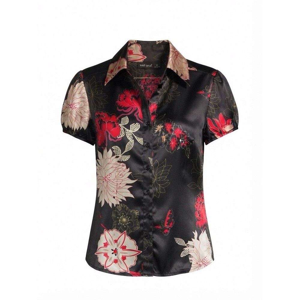 Y2K Grunge Fairy Floral Shirt Wet Seal Vintage 2000s Satin Cap Sleeve Top M